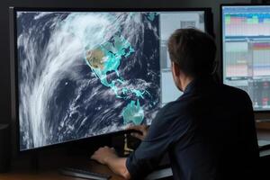 Meteorologist monitoring weather forecast at monitor screen. photo