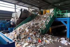 Conveyor belt with pile of waste at recycling plant. photo