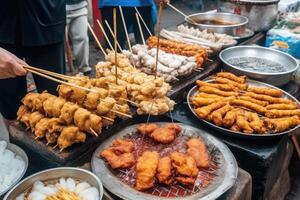 Asian street food. Traditional oriental dishes at street market. photo