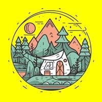 Vector illustration with house in the forest. Line art design for web and print