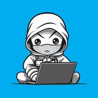 Illustration of a white ninja using a laptop vector