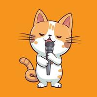 Cute cartoon cat singing a song with a microphone. Vector illustration