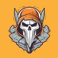 Skull in helmet and crossed swords. Vector illustration isolated on orange background