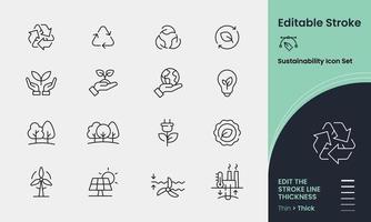 Sustainability Icon collection containing 16 editable stroke icons. Perfect for logos, stats and infographics. Change the thickness of the line in any vector capable app.