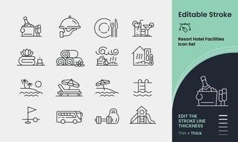 Resort Hotel Facilities Icon collection containing 16 editable stroke icons. Perfect for logos, stats and infographics. Edit the thickness of the line in any vector capable app.