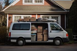 Open cargo van with cardboard boxes, moving concept. photo