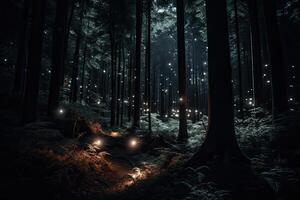 fantasía mágico bosque con brillante luces. generativo ai foto