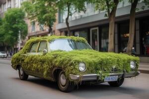 Car made of natural green plants. Eco friendly transportation. photo
