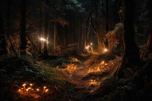 Fantasy magical forest with glowing lights. photo