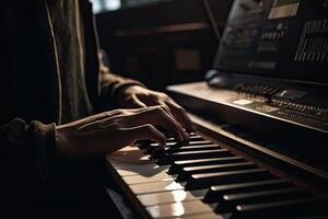 músico manos en piano teclado. clásico música instrumento. generativo ai foto