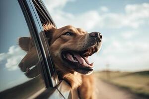 Happy dog looks out from car window. Road trip with dog. photo