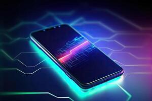Mobile phone on abstract futuristic neon colored background. photo