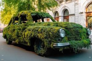 Car made of natural green plants. Eco friendly transportation. photo