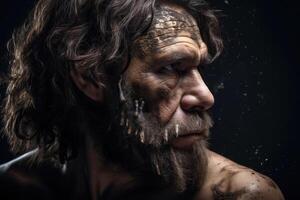 Portrait of prehistoric man on dark background. photo