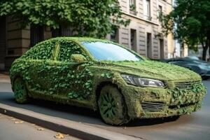 Car made of natural green plants. Eco friendly transportation. photo