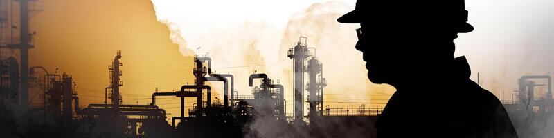 Silhouette of industrial worker with oil refinery plant as background. photo