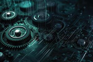 Digital gear wheels on circuit board. High technology engineering. photo