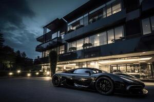 Modern sportcar parking near luxury hotel at night. photo