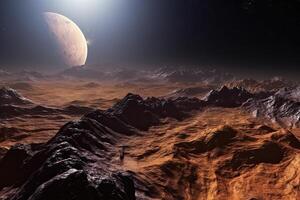 Surface of unknown planet with craters and mountains. photo