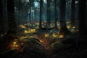 fantasía mágico bosque con brillante luces. generativo ai foto