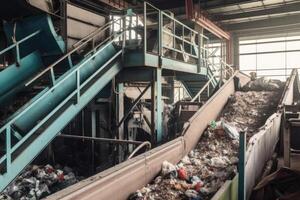Conveyor belt with pile of waste at recycling plant. photo