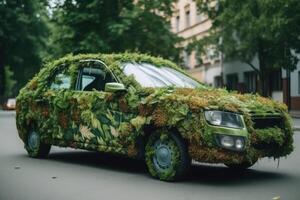 Car made of natural green plants. Eco friendly transportation. photo