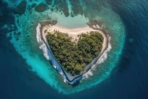 Aerial view of heart shape island in sea. photo