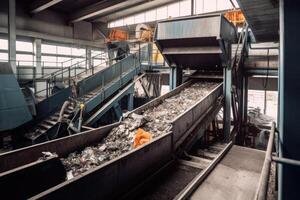 Conveyor belt with pile of waste at recycling plant. photo