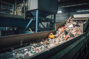 Conveyor belt with pile of waste at recycling plant. photo