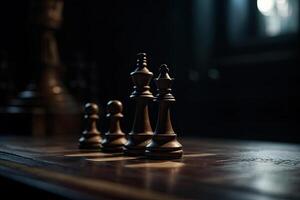 Chess pieces on chessboard, dark background. photo
