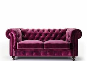 Sofa chesterfield from burgundy fabric on a white background, isolate. . photo