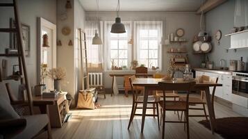 Design of a cozy living room interior in a modern Scandinavian style. . photo