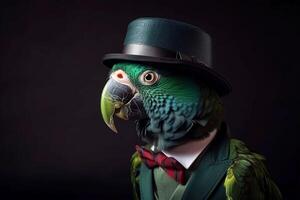 Mr green parrot gentleman in boss hat and scientist. . photo