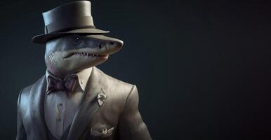 Gentleman shark boss in hat, suit and tie. Banner header. . photo