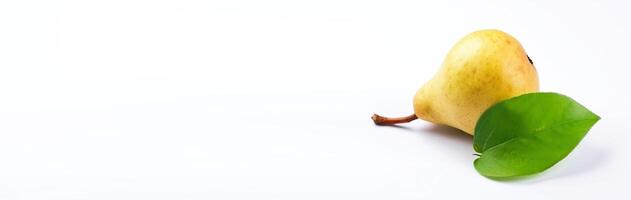 Ripe pear with a leaf, isolate on a white background. Macro studio shot. . Header banner mockup with space. photo