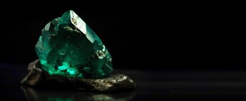 Emerald is a rare precious natural stone on a black background. . Header banner mockup with space. photo