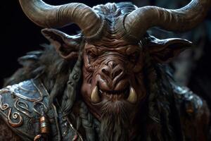 Minotaur mythological bull man with big horns, creature from legends. . photo