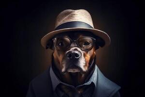 perro Caballero en un traje, atar, sombrero y lentes en un negro antecedentes. ai generado. foto