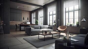 Design of a cozy living room interior in a modern Scandinavian style. . photo