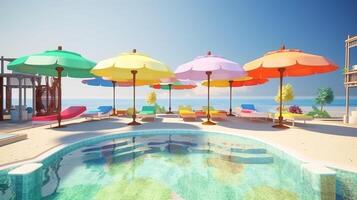 Multi-colored sun loungers with umbrellas by the pool near the house. . photo