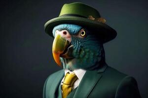 Mr green parrot gentleman in boss hat and scientist. . photo