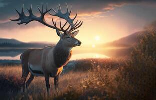Beautiful deer on a background with a sunrise in a clearing. . photo