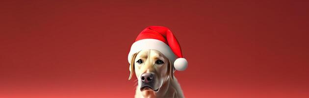 Pet funny dog in a Christmas cap on a red background, isolate. . photo