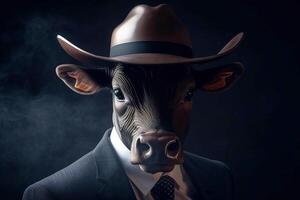 Animal horned bull in cowboy hat gentleman and boss. . photo