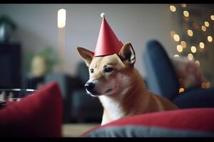 Dog in a party cap on a birthday on a holiday. Decorated room. . photo