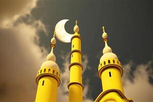 Muslim holiday Ramadan, mosque in the clouds in the night of the crescent moon. . photo