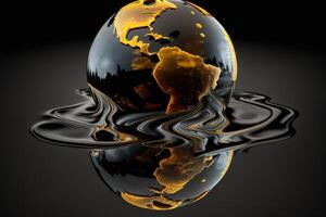 Concept of saving planet, miniature globe floats in oil, black background. . photo