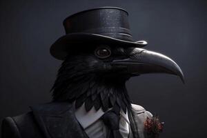 Gentleman, boss black crow in a hat, suit and tie. Banner header. . photo