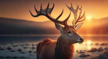 Beautiful deer on a background with a sunrise in a clearing. . photo