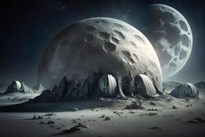 Illustration of space base on moon for astronauts on background of planet. . photo